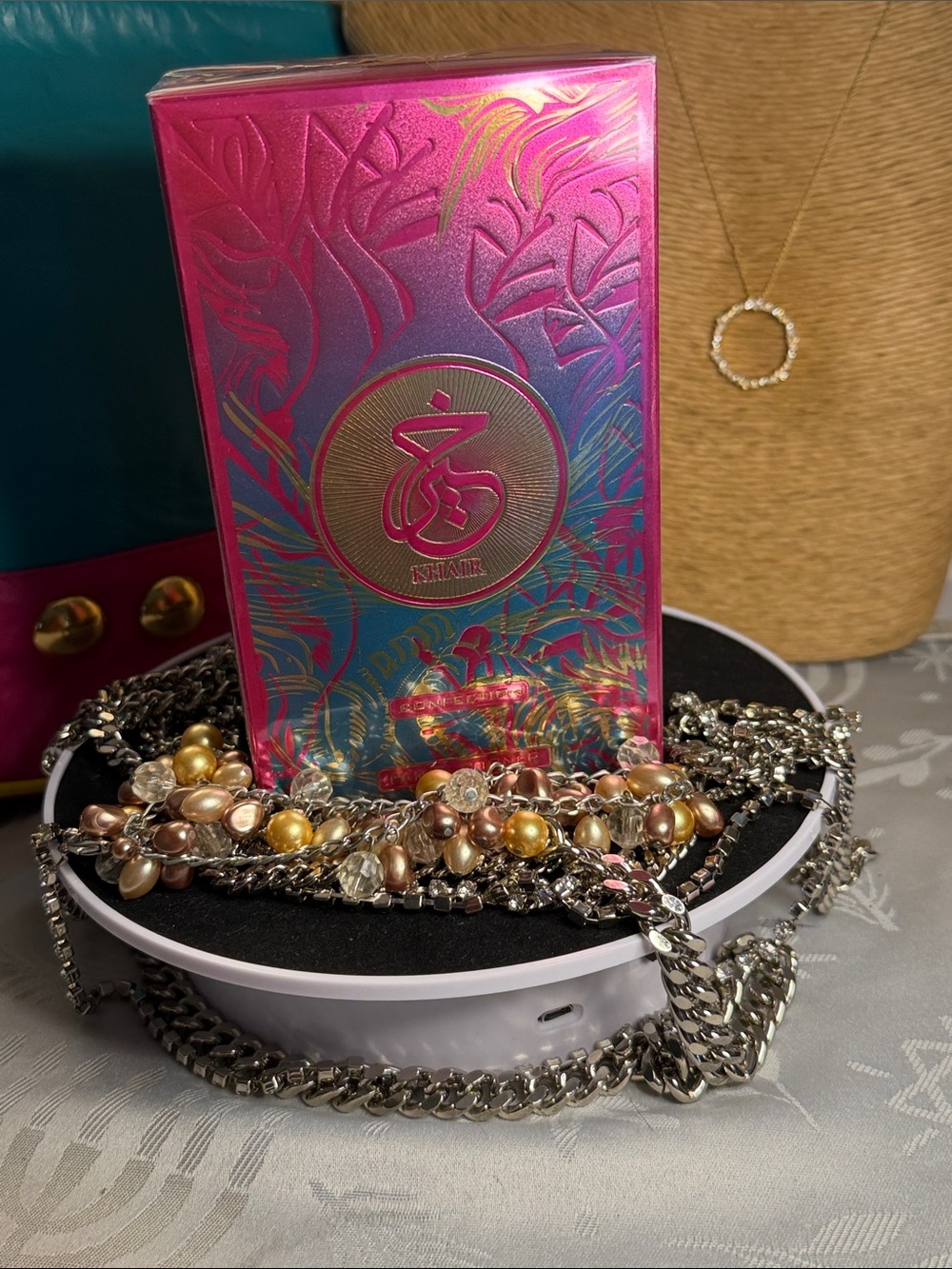 Iridescent Pink & Blue Fragrance Box with Gold Logo